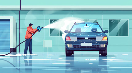 Car wash, person spraying water on vehicle, flat design illustration