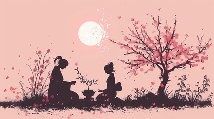 A serene silhouette of love couple planting a tree together in a garden