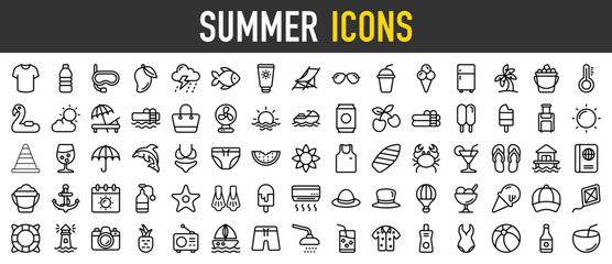 Summer icon set with Ice Bucket, Cone, Outdoor, Waters Bottle, Slush Drink, Refrigerator, Sun Glasses, Starfish, Coconut, Water Waves, Shower Head and Beach Umbrella vector illustration.	