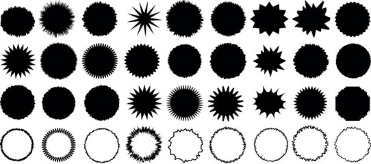 Jagged circle vector collection, spiky circular shapes, graphic elements, starburst designs, abstract round forms, decorative badge templates, isolated set for design projects