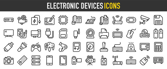 Electronic Devices icon set with Movie Projector, Power Bank, Graphic Tablet, Microchip, Telephone, Electric Iron, Fax Machine, Modem, Cctv Camera, Computer Diskette vector illustration.