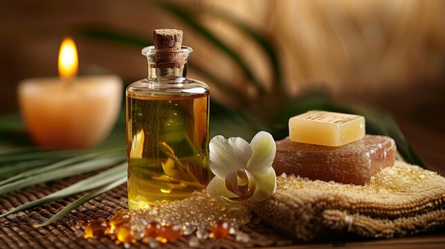 Photo of a spa sitting with orchids and salt, oil in a glass, soap, palm, on a mat.