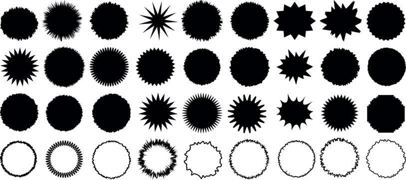 Jagged circle vector collection, spiky circular shapes, graphic elements, starburst designs, abstract round forms, decorative badge templates, isolated set for design projects