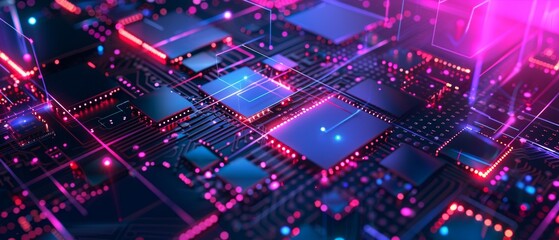 Obraz premium Graphic design background of tech scene or neon blue purple tone. Modern abstract background