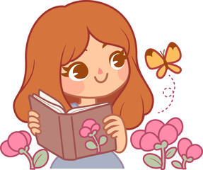 Cute kawaii girl reading a book
