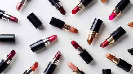 Obraz premium Top view photo of assorted lipsticks in elegant tubes on white background.