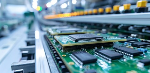 Obraz premium Close-up of circuits and microchips on a circuit board inside an electronics factory