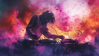 Energetic DJ mixes music with vibrant colors in the background, creating an electrifying atmosphere at the party.