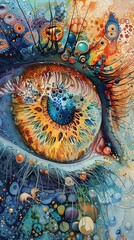A vibrant, detailed digital artwork of an eye, filled with colorful patterns and intricate details, showcasing imaginative and abstract elements.