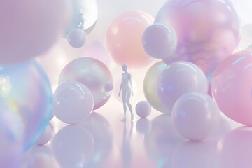 3D render of a white abstract female figure floating in large pastel spheres against a gradient background, with a minimalistic, soft lighting and ethereal aesthetic. The scene uses pastel colors with