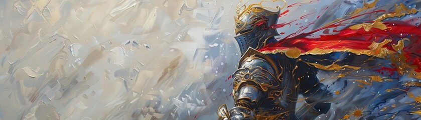Epic digital illustration of an armored knight with a flowing red cape in a dramatic fantasy setting.