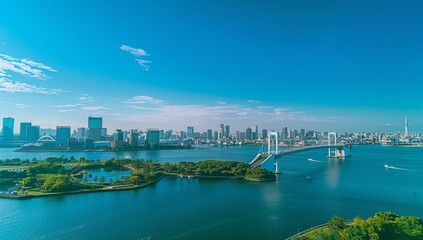 Obraz premium Bird’s Eye View of Tokyo Bay with Rainbow Bridge and Skyline under Clear Blue Sky, Hyper Realistic