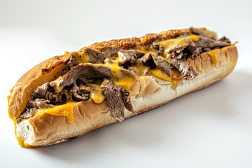 a sandwich with meat and cheese on a white plate