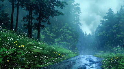 Fototapeta premium raining in green forest style anime
