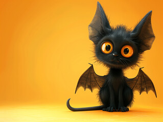 cute and funny bat with big eyes on orange background and copy space