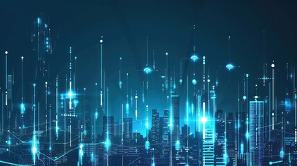 Futuristic Cityscape with Glowing Lines and Symbols