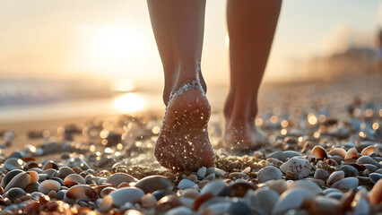 How can I be told that I had a good time playing on a beach made up of large and small soft pebbles? A close-up of the pebbles sparkling wet with water.