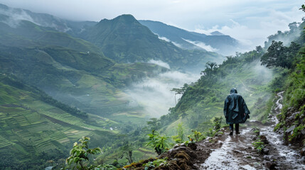 A mountain landscape enveloped in rain and fog, mist rolling down the slopes, lush green valleys below, a solitary hiker in a raincoat walking along a muddy trail, capturing the rugged beauty of