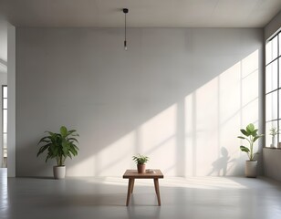Interior of modern empty room with white walls, wooden coffee table and window with sunlight, concrete floor. Generative AI