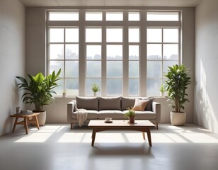 Interior of modern empty room with white walls, wooden coffee table and window with sunlight, concrete floor. Generative AI
