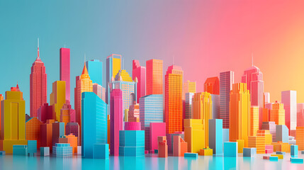 Colorful cityscape with vibrant buildings against a gradient sky