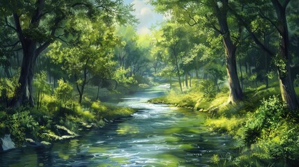 Obraz premium Photorealistic Summer Forest River | Summer Background | Photorealistic