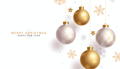 Merry christmas greeting vector design. Christmas balls hanging with gold, glitter, shiny and glossy elements in snowflakes pattern elegant background. Vector illustration holiday season card design. 