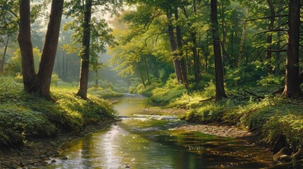 Obraz premium Photorealistic Summer Forest River | Summer Background | Photorealistic