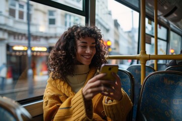 Fototapeta premium Happy woman text messaging on mobile phone while riding in a bus