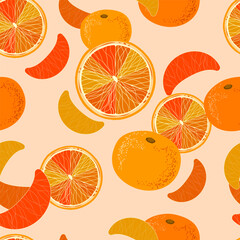 Seamless pattern with oranges, orange slices. Vector