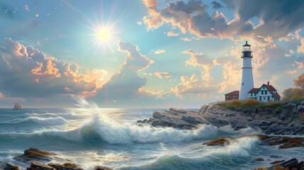 Fototapeta premium Photorealistic Summer New England Lighthouse | Summer Background | Photorealistic