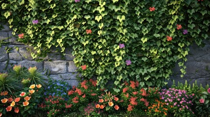 Fototapeta premium A garden wall covered in a lush green ivy, with a variety of blooming flowers at its base.
