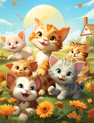 A group of cute cartoon cats playing in a sunflower field, with an orange cat and white kitten as the main characters surrounded by other kitten friends