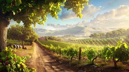 Naklejka premium Photorealistic Summer Vineyard Experience | Summer Background | Photorealistic