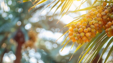 Photo of a yellow date palm with leaves on a blurred background. Bright yellow dates on a blurred green background.