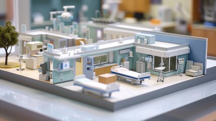 Generate a photo realistic image of a maquette illustrating a healthcare facility, including hospitals, clinics, and medical offices; ensure the image is of high resolution 