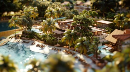 Fototapeta premium Generate a photo realistic image of a maquette presenting a luxury resort with villas, spas, and recreational facilities; ensure the image is of high resolution for clear and detailed quality, 