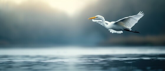 A majestic river bird captured mid-flight over a calm river, copy space, natural lighting