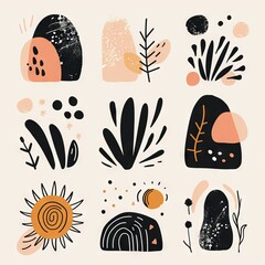 Abstract Simple Icon Clipart Set of Blush Scandinavian Nordic Boho Bohemian Geometric Shapes with Bold Strokes Soft Wash Minimalist Detail Organic Charming Rhythmic Bold Block Doodle Print Decoration