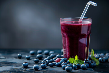 Blueberry smoothie in a glass cup with some of the blueberries around the glass. Generative AI