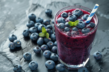 Blueberry smoothie in a glass cup with some of the blueberries around the glass. Generative AI