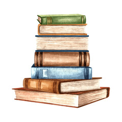 Books stacked. Composition with textbooks in vintage binding. Hand drawn watercolor illustration isolated. Education concept. Knowledge for all. Clip art for sticker, bookstore, card, website, print.