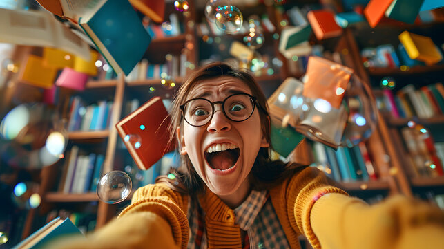 Excited woman surrounded by floating books and bubbles in a colorful library