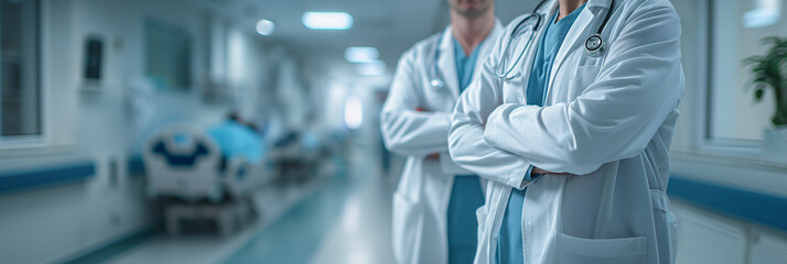 Two male doctors in white coats and scrubs, stand against a hospital backdrop. Copy space template, and website banner for hospital, medical center, and healthcare concept