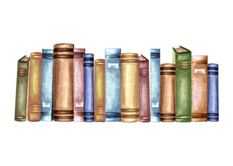 Books in vintage bindings, lined up horizontally. Composition with old textbooks. Hand drawn watercolor illustration isolated. Knowledge for all. Education concept. Clipart for card, website, print.