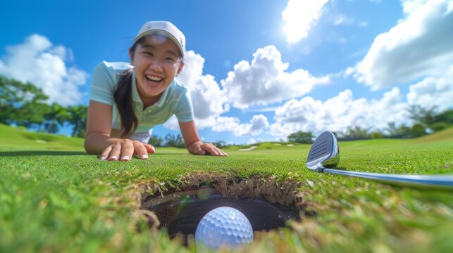 Happy Asian female golfer Showing the golf ball after placing the golf ball in the hole.