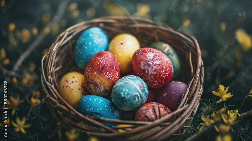 Poster easter celebration with colorful eggs in wicker basket