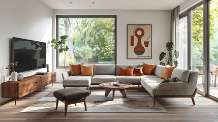 Bright and airy living room with modern decor and large windows overlooking greenery