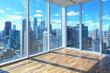 Panoramic view of a cityscape from a high rise building.