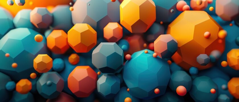 An eye-catching flat design illustration depicting a geometric 3D background. The image showcases a variety of shapes, including spheres and hexagons, layered to create a complex and engaging
